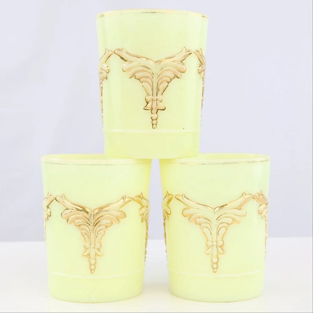 Vintage Heisey Winged Scroll Uranium Glass Tumblers Set of 3 Gold Gilt Cups